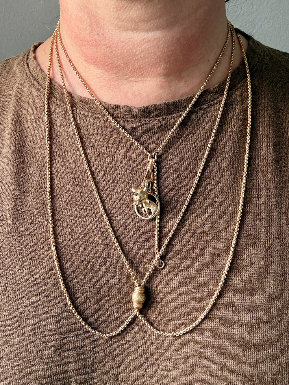 Victorian Era Antique 18k Gold Longuard Belcher Link Chain with Slider & Dog Clip - 33 inch doubled necklace length