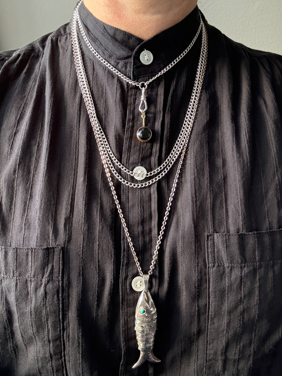 Edwardian era Sterlling Silver Longuard Curb Link Chain with Swivel Dog Clip - 31 inch doubled necklace length adjustable