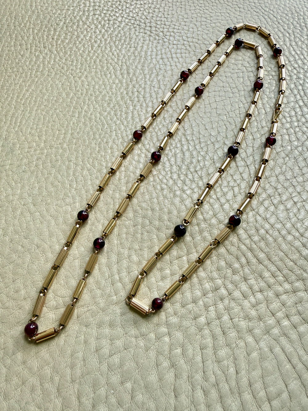 Long Length Vintage 18k Gold Fluted Tubular Link Station Necklace with Garnets- 32 inch length