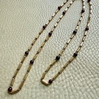 Long Length Vintage 18k Gold Fluted Tubular Link Station Necklace with Garnets- 32 inch length