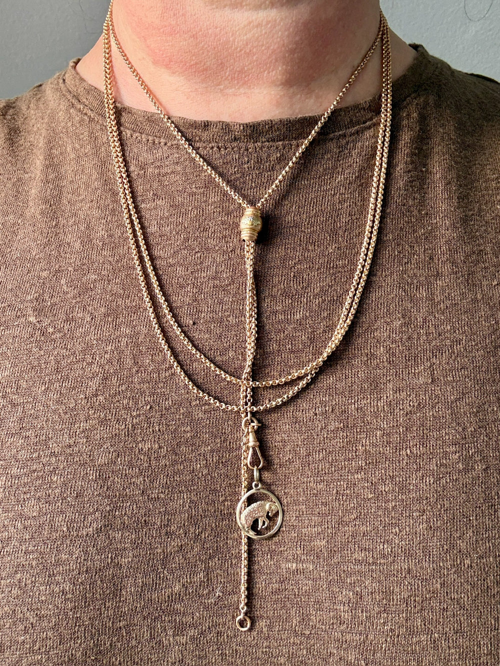 Victorian Era Antique 18k Gold Longuard Belcher Link Chain with Slider & Dog Clip - 33 inch doubled necklace length