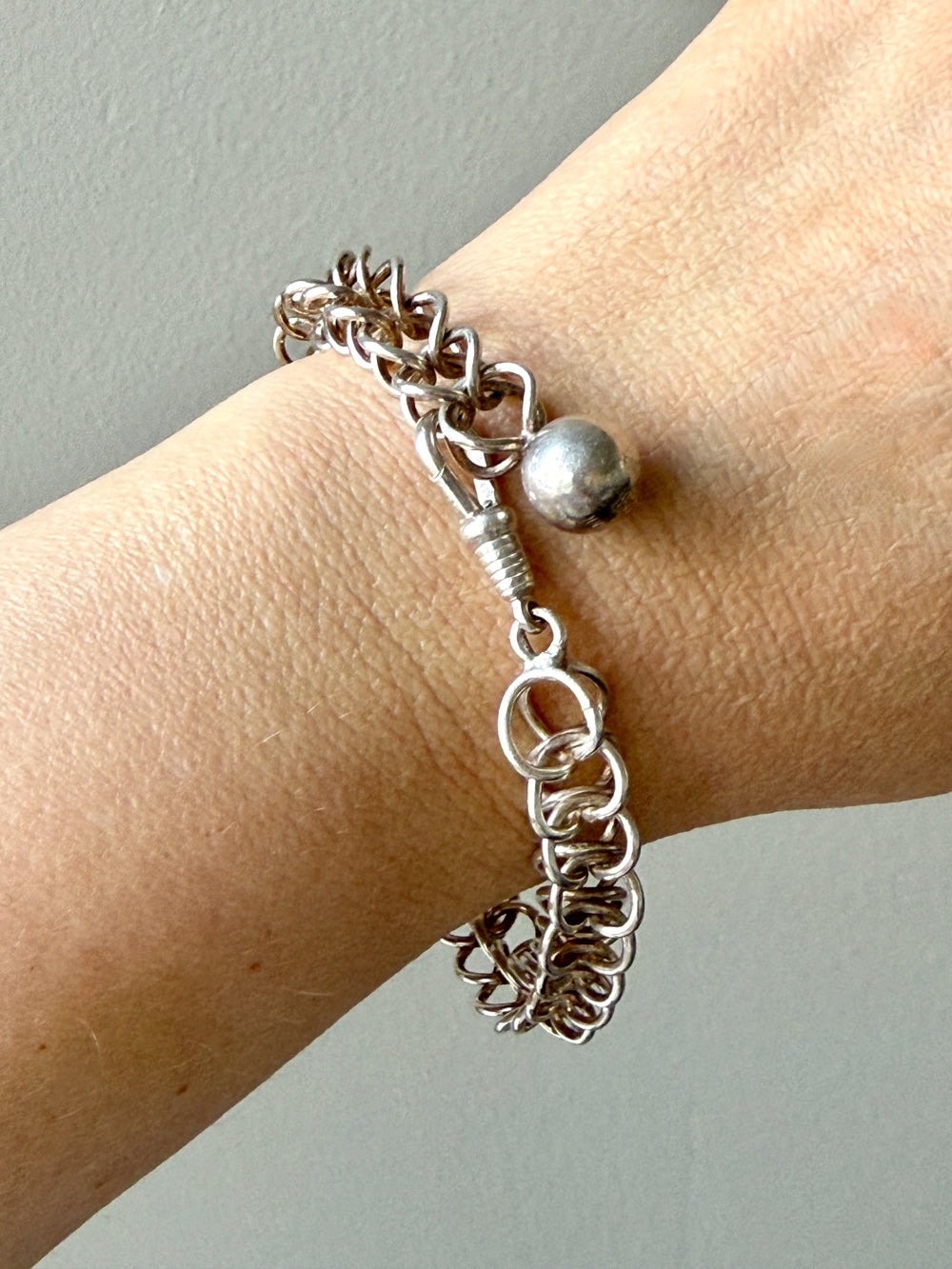 Danish Vintage Sterling Silver Open Foxtail Link Bracelet with Dog Clip - 9 inch adjustable length