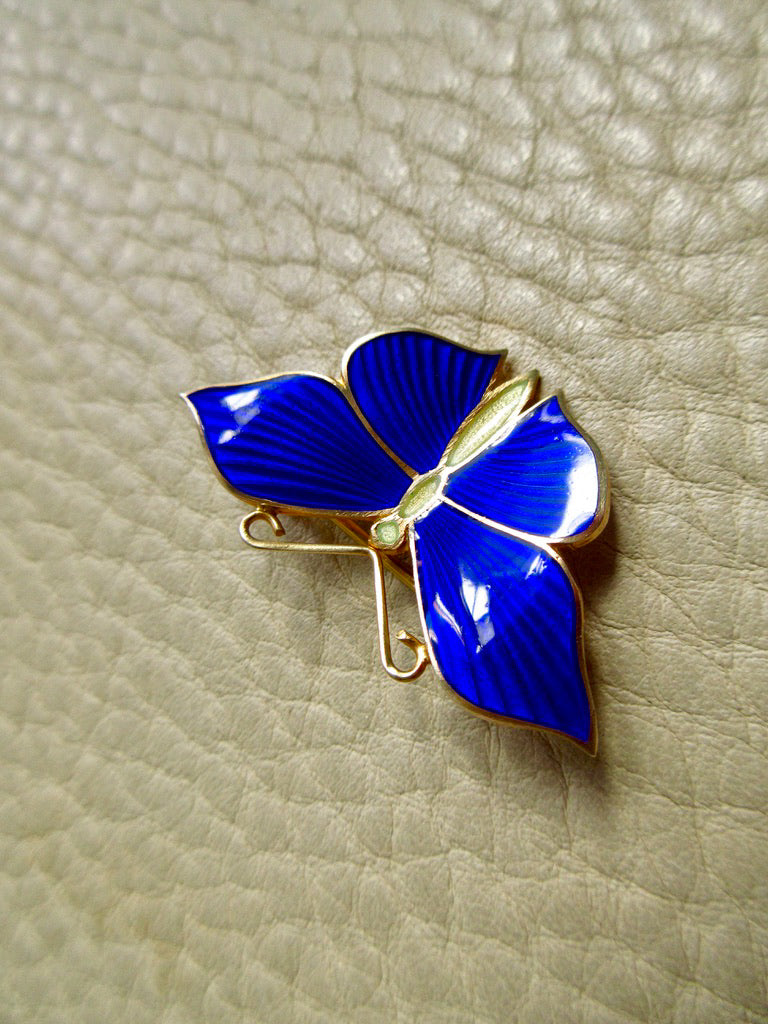 1952 Gilt Silver Ultramarine Blue Guilloché Enamel Butterfly Brooch by Tillander - 1.3 inch width