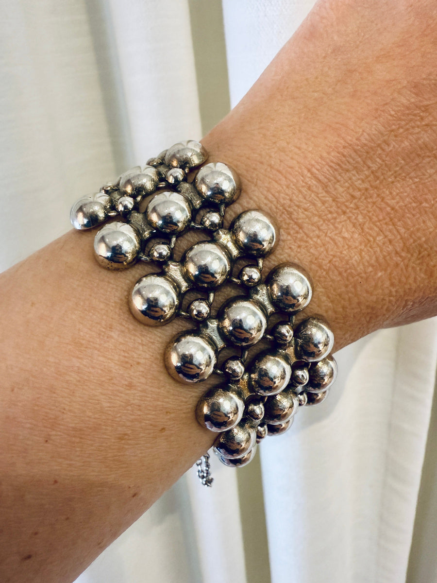 1984 Finnish Triple Row Wide Bubble Link Bracelet in Sterling Silver by Kalevala Koru - 7 inch length