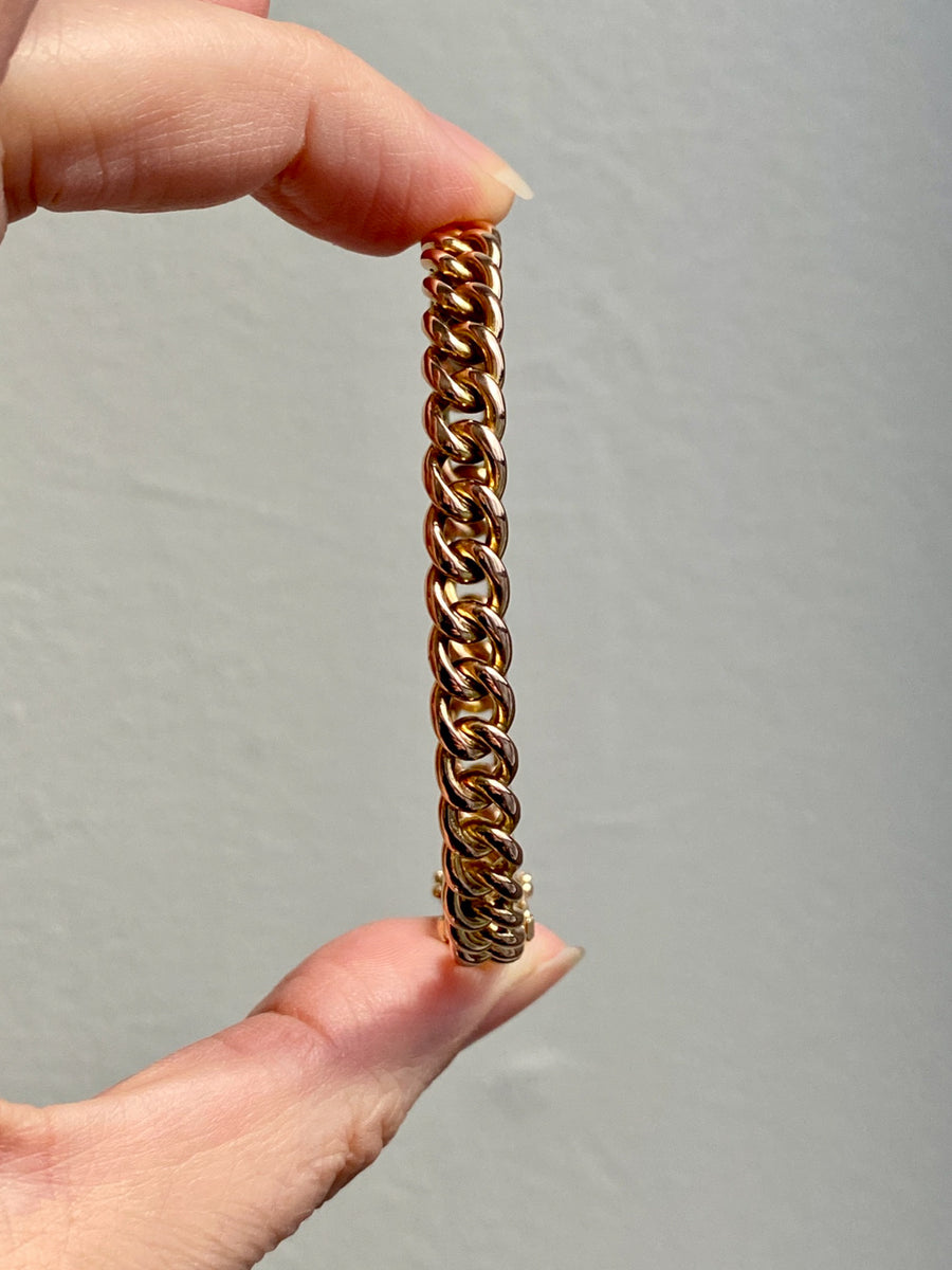 Vintage Rigid Curb Link Hinged Bangle Bracelet in Rosy 14k Gold - 6.75 inch interior