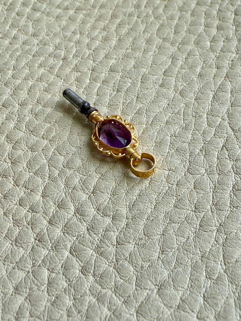 1830 Antique 18k Gold and Purple Amethyst Articulated Pocket Watch Key Pendant Fob