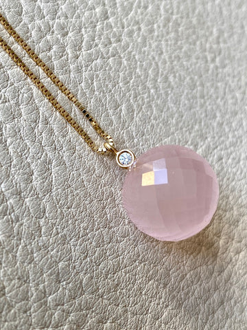 Sparkling! Rose quartz faceted orb pendant necklace set in 18k gold with 0.05 ct brilliant cut diamond by Ole Lynggaard