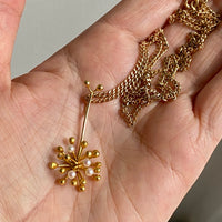 Made in 1969 - 14k gold Dandelion pendant with cultured Pearls - Vintage Finnish with long 28” original curb chain necklace