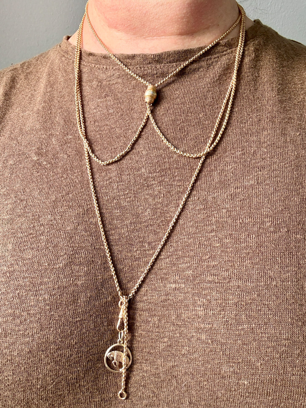 Victorian Era Antique 18k Gold Longuard Belcher Link Chain with Slider & Dog Clip - 33 inch doubled necklace length