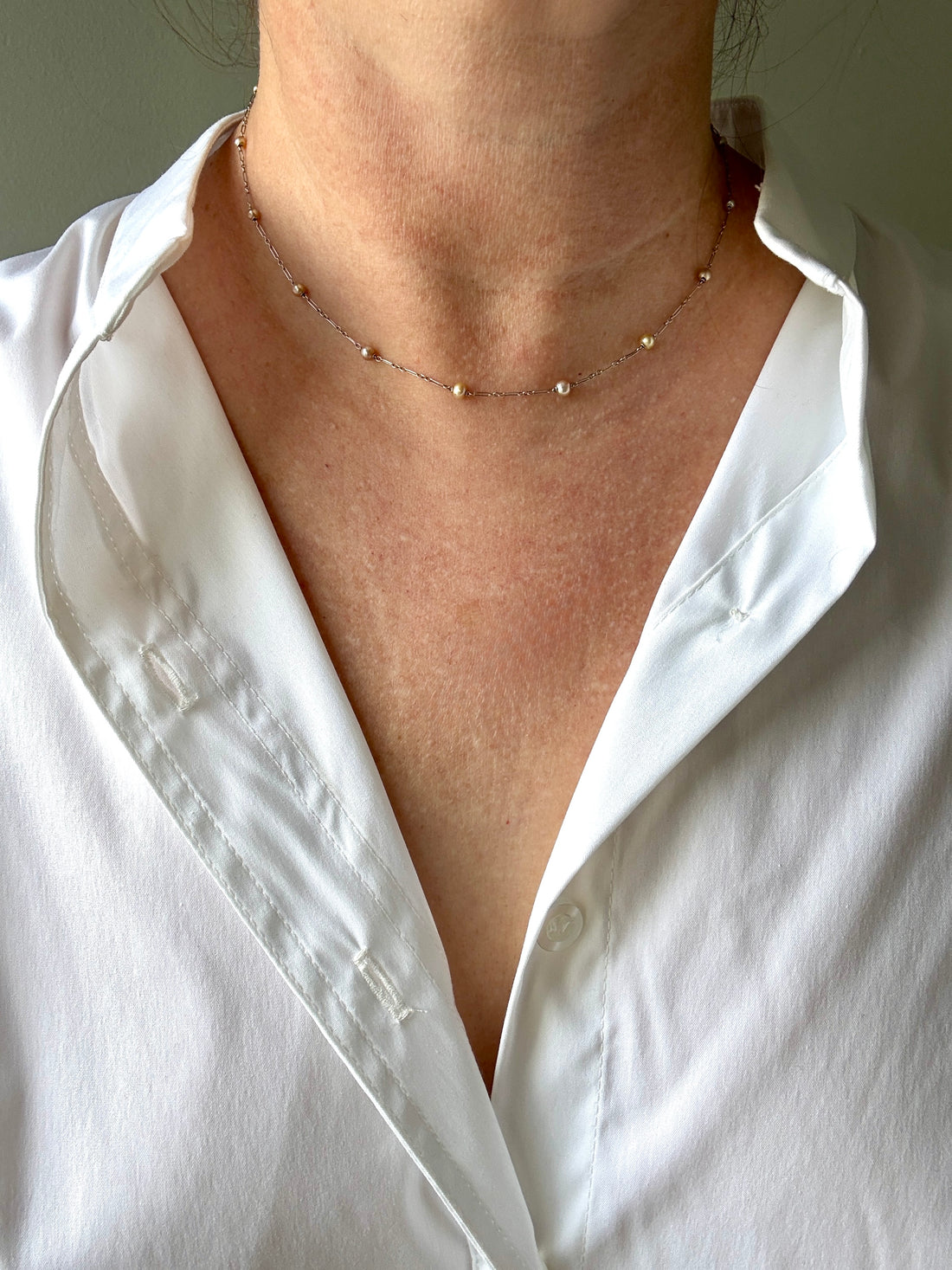 Vintage French Platinum Station Necklace with Pearls  - 15.75 inch length
