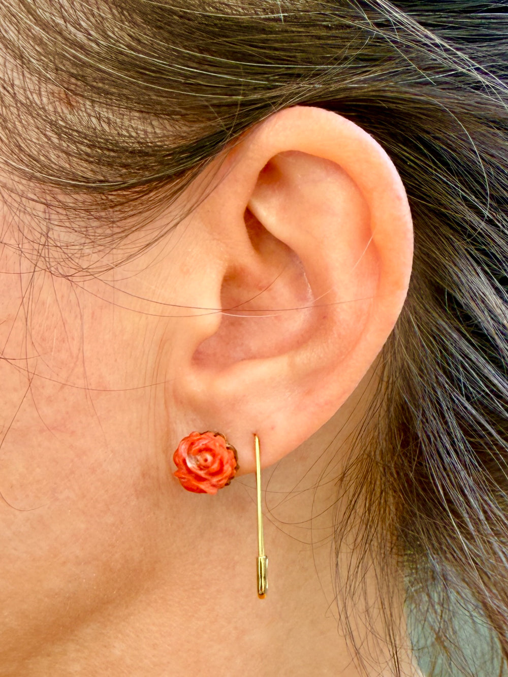 Antique Dutch Carved Coral Flower Stud Earrings in 14k Gold