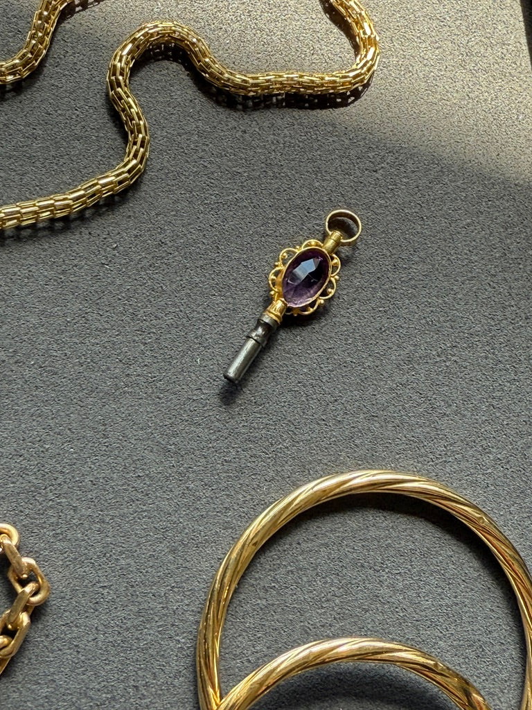 1830 Antique 18k Gold and Purple Amethyst Articulated Pocket Watch Key Pendant Fob