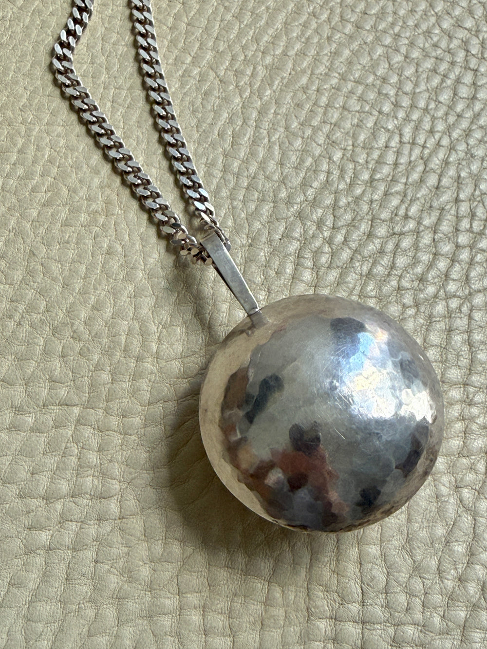 Vintage Silver Hammered Orb Pendant with Substantial Curb Chain - 23.8 inch length