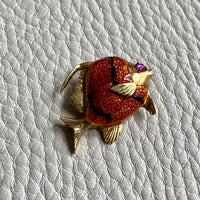 18k Gold Tropical Fish Brooch with Enamel Detail and Ruby Eye