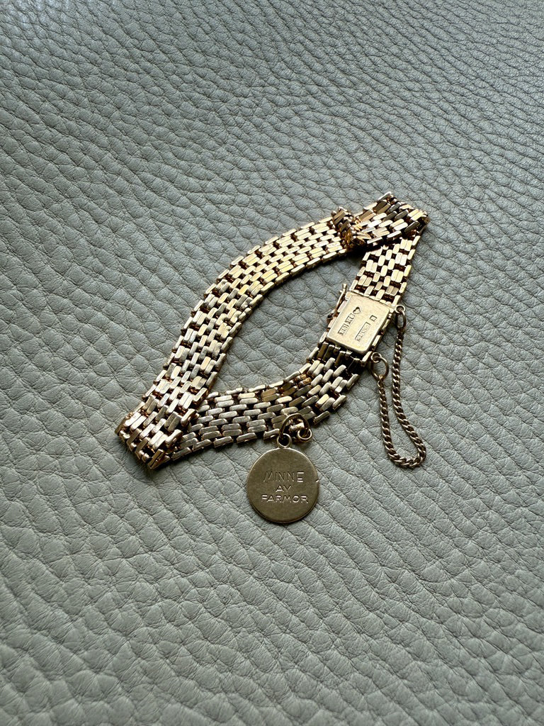 1943 Vintage Silky 18k Gold Wide Link Bracelet with Charm - 6.5 inch length