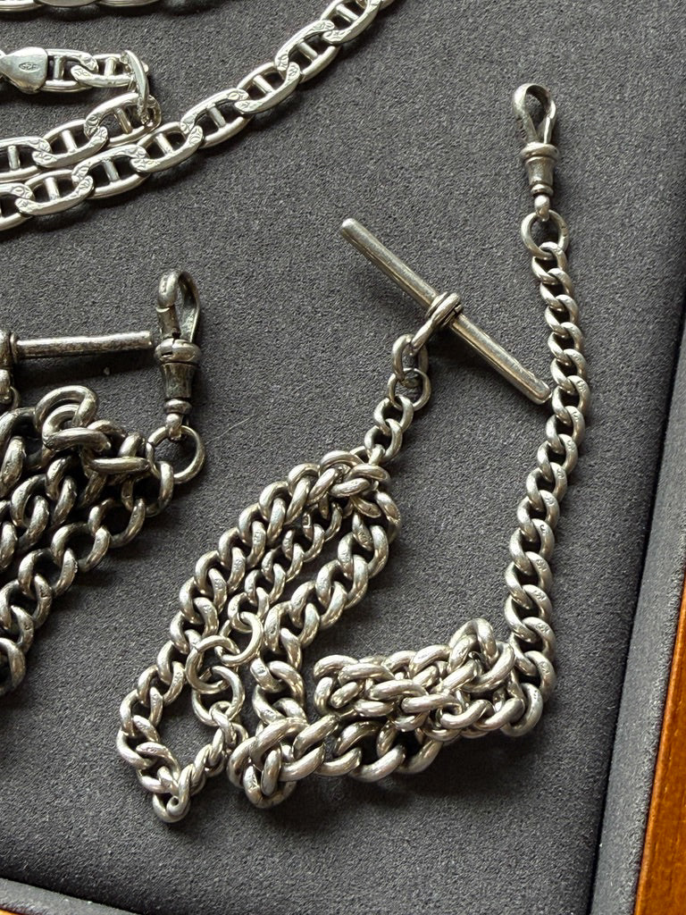 1894 Antique British Sterling Silver Curb Link Watch Chain – 14.75 Inch Length