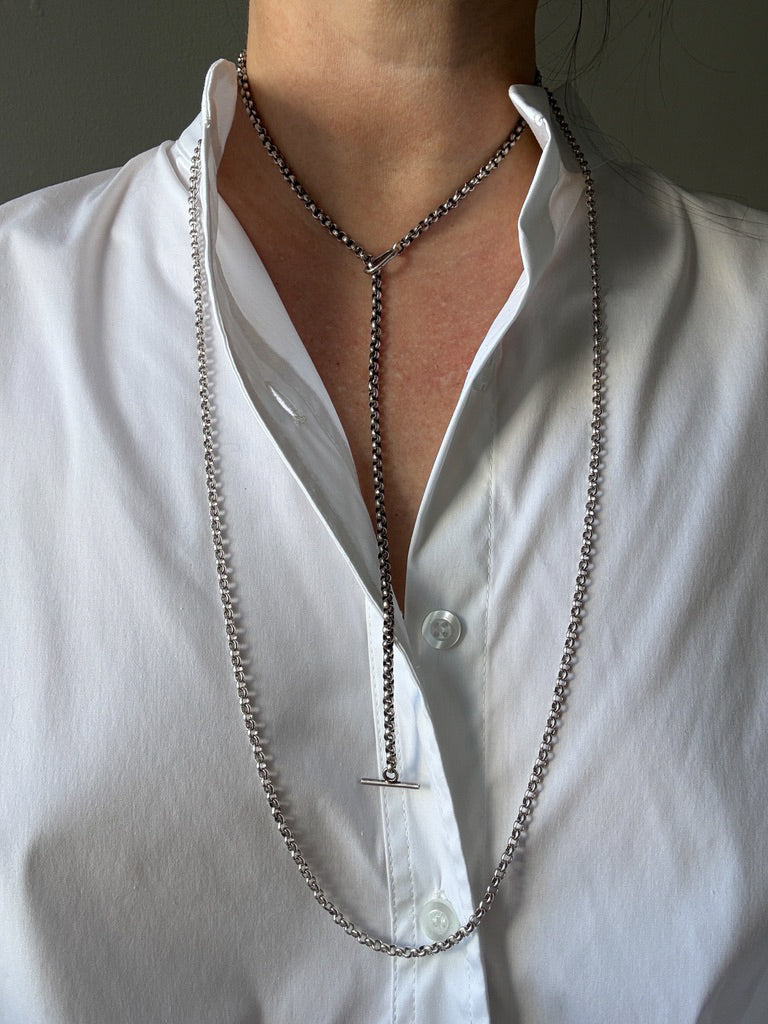 Lariat Style Antique Silver Rolo Link Necklace- 22.25 inch length