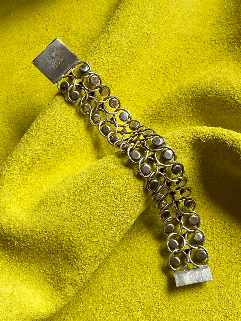 1940s Era Sterling Silver Handmade Link Chain Bracelet with 2 Rows of Turquoise Cabochons- 7.2 inch length