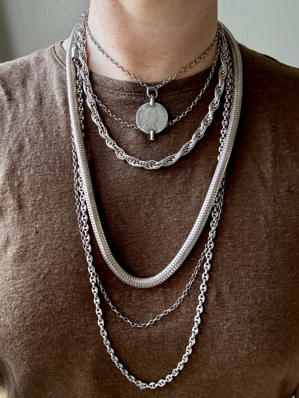 1880 Antique Silver Link Longuard Chain Necklace with Coin Pendant - 61.75 inch length