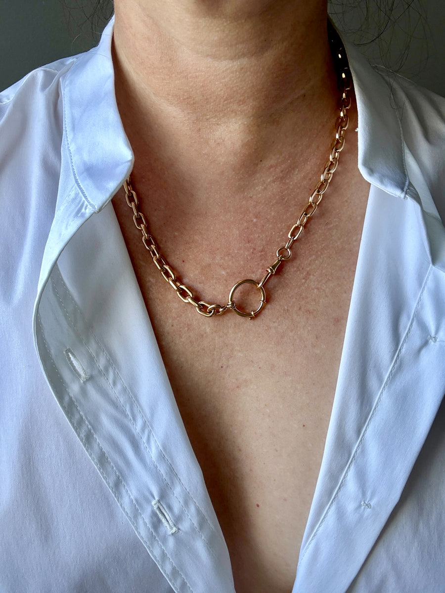 18k Gold Antique Rounded Biker Link Watch Chain Necklace Extender or Bracelet with Large Bolt Clasp - 9.2 inch length