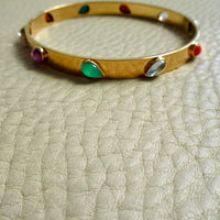 Mid-Century Danish Rainbow Teardrop Gemstone Bangle Bracelet 18k Gold – 7.6 Inch Circumference