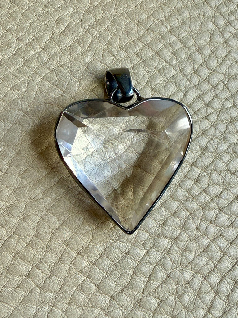 LARGE Crystal Quartz Heart Pendant in Oxidized Sterling Silver – 1.9 Inch length/drop