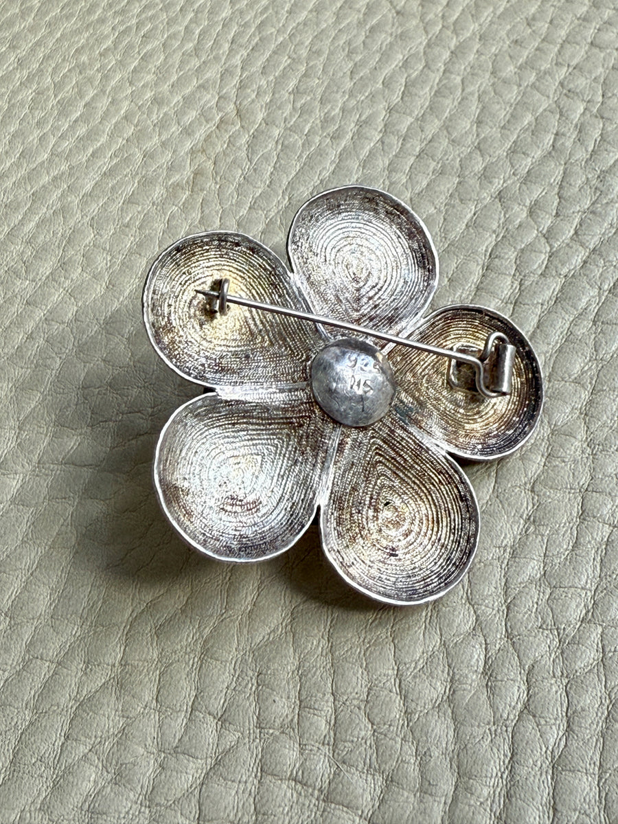 1950s Sterling Silver Filigree Flower Brooch - 1.8 inch diameter