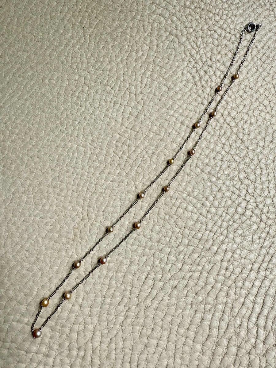 Vintage French Platinum Station Necklace with Pearls  - 15.75 inch length
