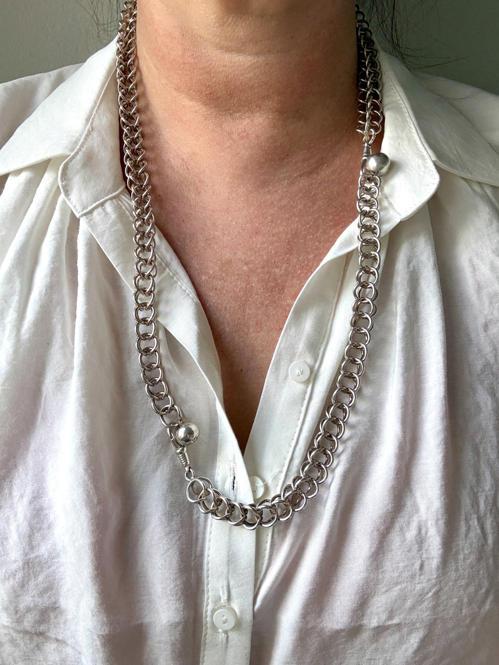 Danish Vintage Sterling Silver Open Foxtail Link Bracelet with Dog Clip - 9 inch adjustable length