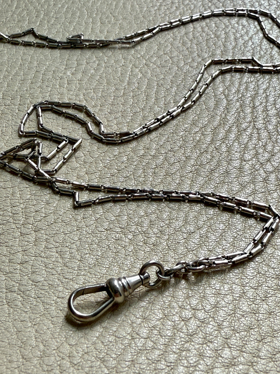 Early 1900s Antique PLATINUM Link Longuard Chain Necklace with Dog Clip - 31-62 inch length