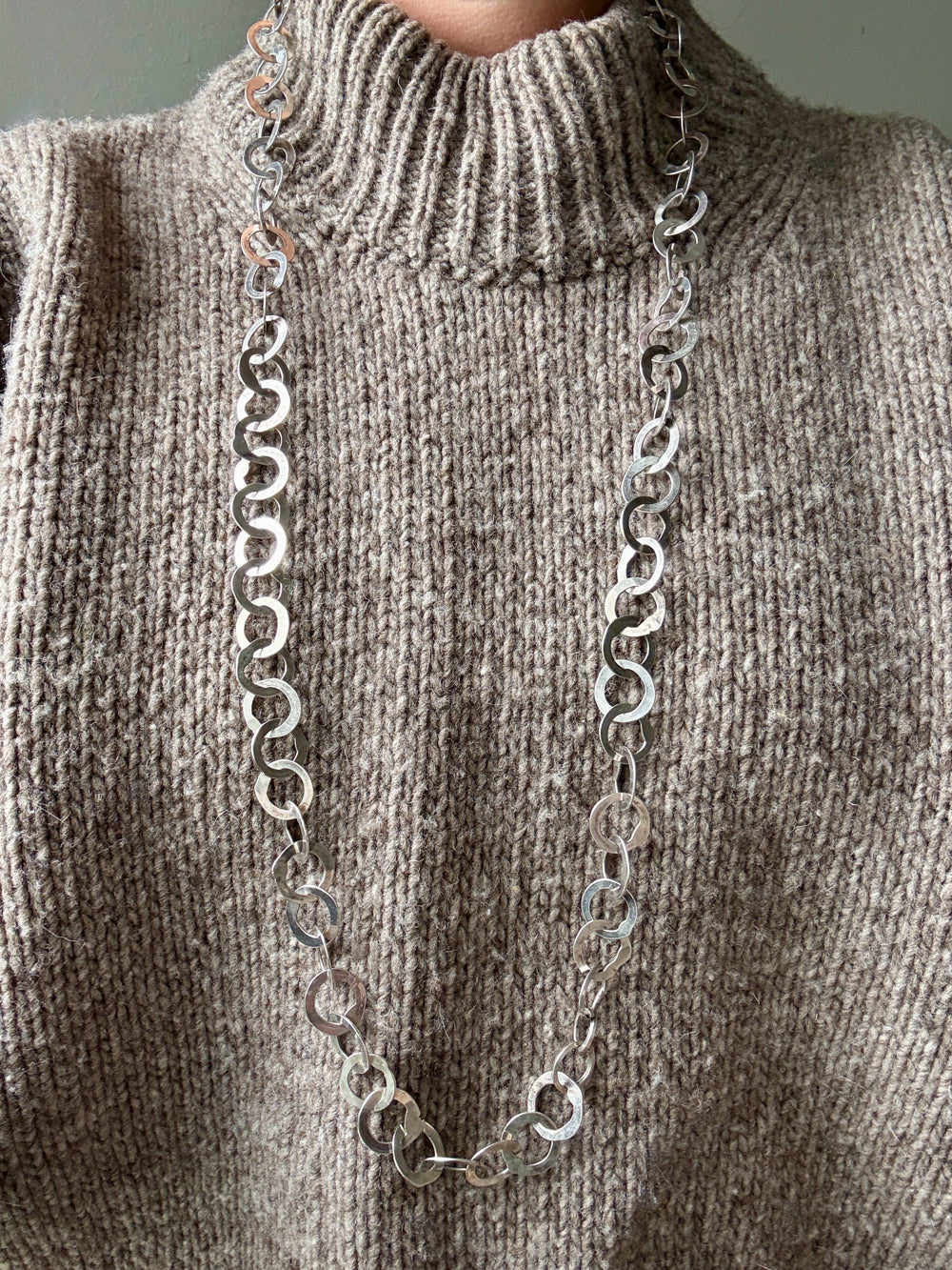 Silver Handmade Flat Circles Chain Necklace - 36 inch length