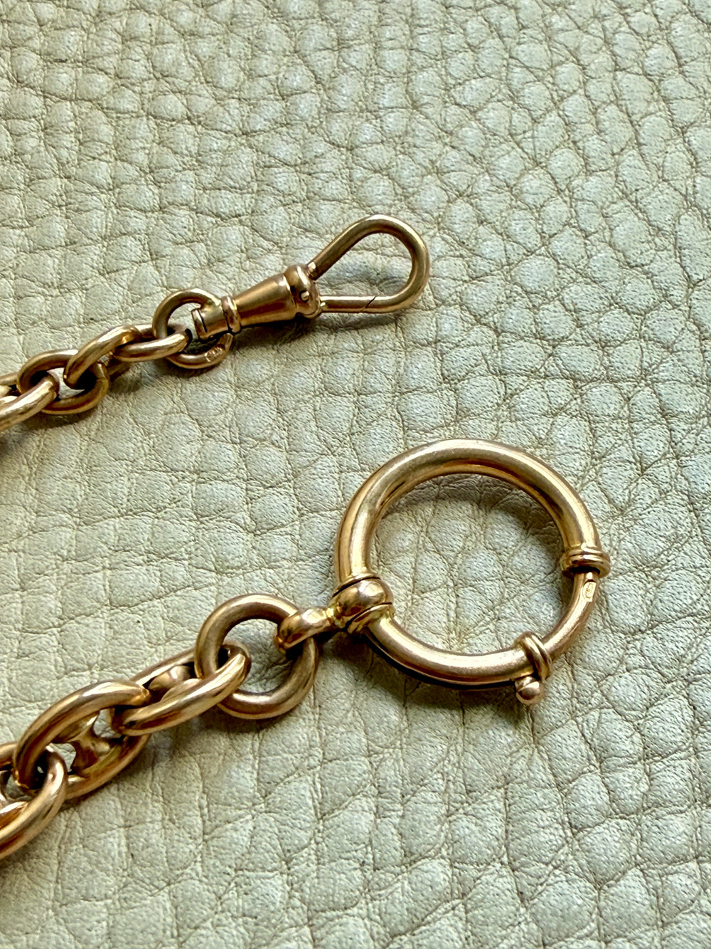 Gold mariner link chain with clasp on a textured light green background