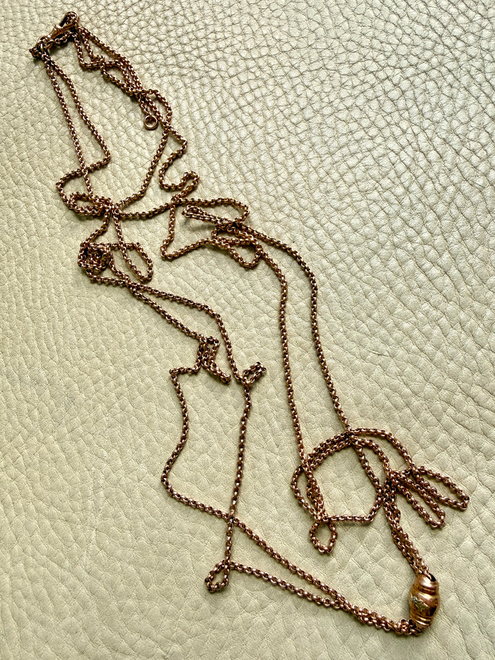 Victorian Era Antique 18k Gold Longuard Belcher Link Chain with Slider & Dog Clip - 33 inch doubled necklace length