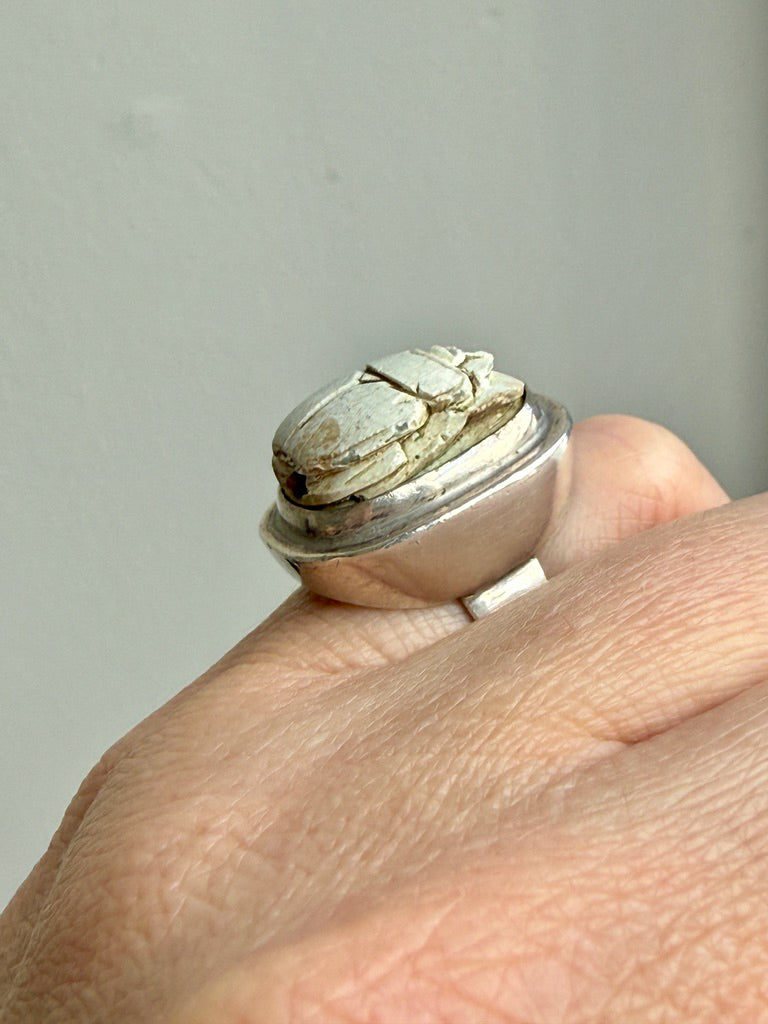 1972 Egyptian Revival Scarab Beetle Ring in Sterling Silver – Size 5.25