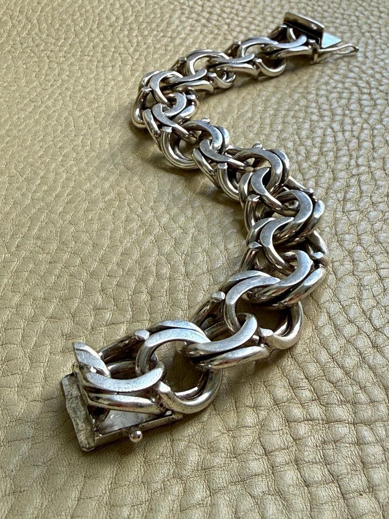 1976 Signed Heavy Swedish Double Curb Chain Silver Bracelet – 8.9 Inch Length