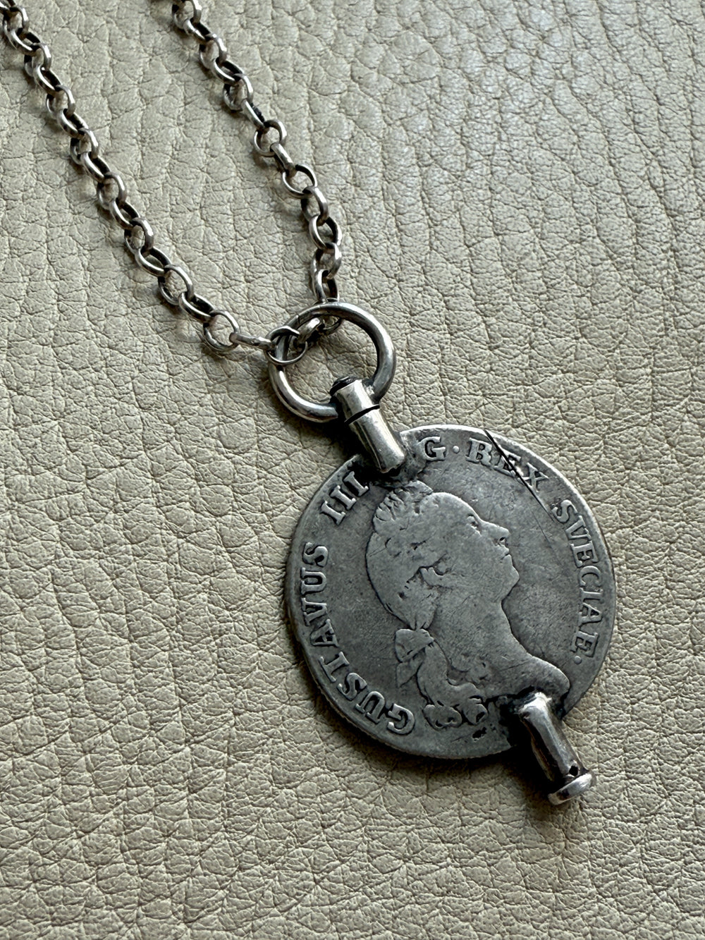 1880 Antique Silver Link Longuard Chain Necklace with Coin Pendant - 61.75 inch length