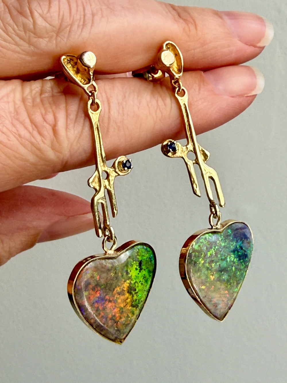 WOW! Vintage Austrian 14k Gold & Opal Heart Drop Brutalist Earrings - 2.2 inch drop