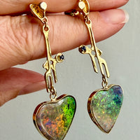 WOW! Vintage Austrian 14k Gold & Opal Heart Drop Brutalist Earrings - 2.2 inch drop