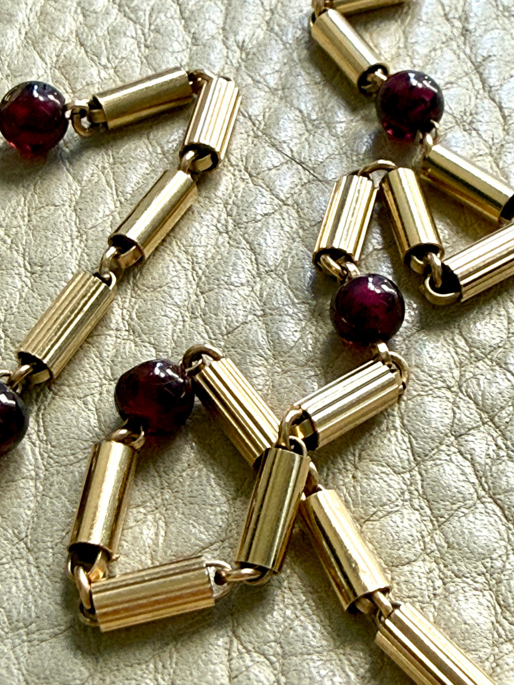 Long Length Vintage 18k Gold Fluted Tubular Link Station Necklace with Garnets- 32 inch length