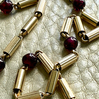 Long Length Vintage 18k Gold Fluted Tubular Link Station Necklace with Garnets- 32 inch length