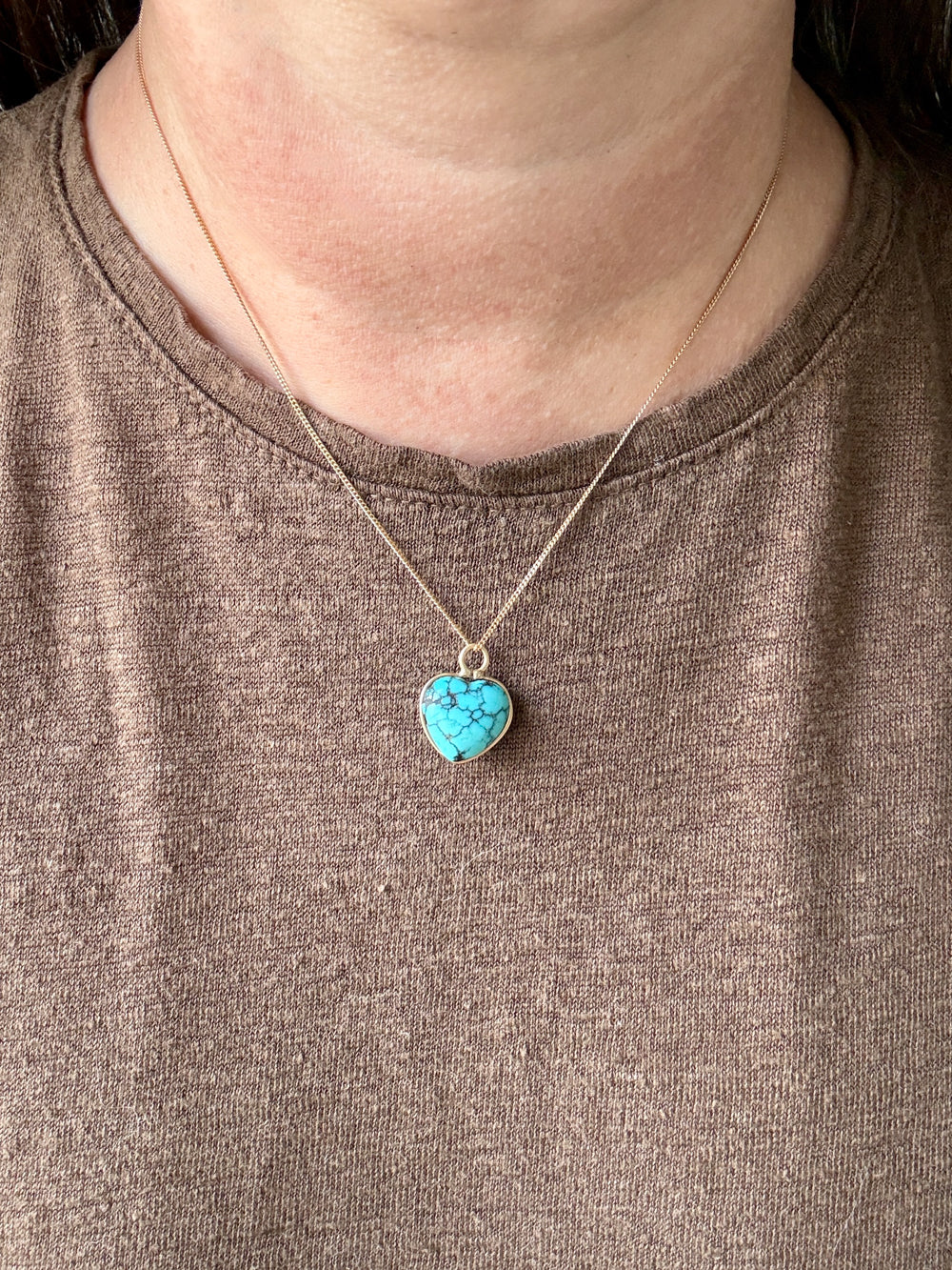 Puffy Vintage Turquoise Cabochon Bezel Set Heart Pendant 18k Gold – 0.8 inch drop