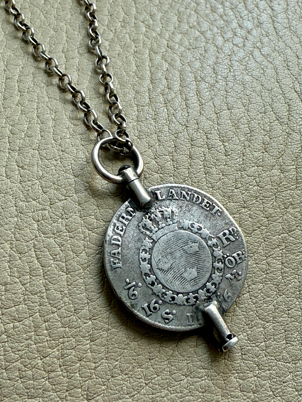 1880 Antique Silver Link Longuard Chain Necklace with Coin Pendant - 61.75 inch length