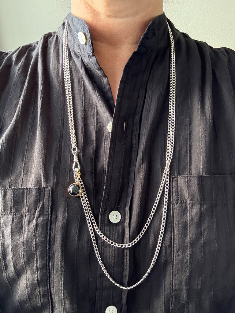 Edwardian era Sterlling Silver Longuard Curb Link Chain with Swivel Dog Clip - 31 inch doubled necklace length adjustable