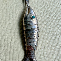 Midcentury era Silver Articulated Fish Pendant Necklace - 27.8 inch length