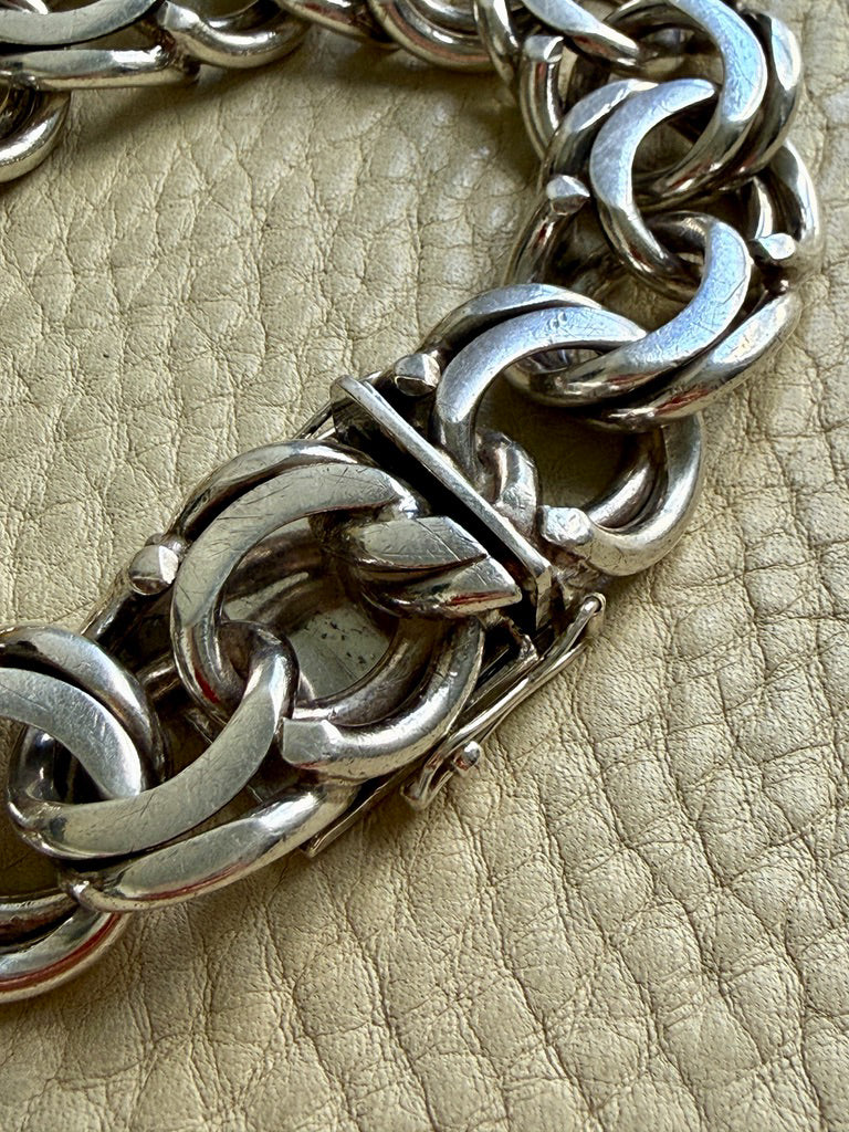 1976 Signed Heavy Swedish Double Curb Chain Silver Bracelet – 8.9 Inch Length