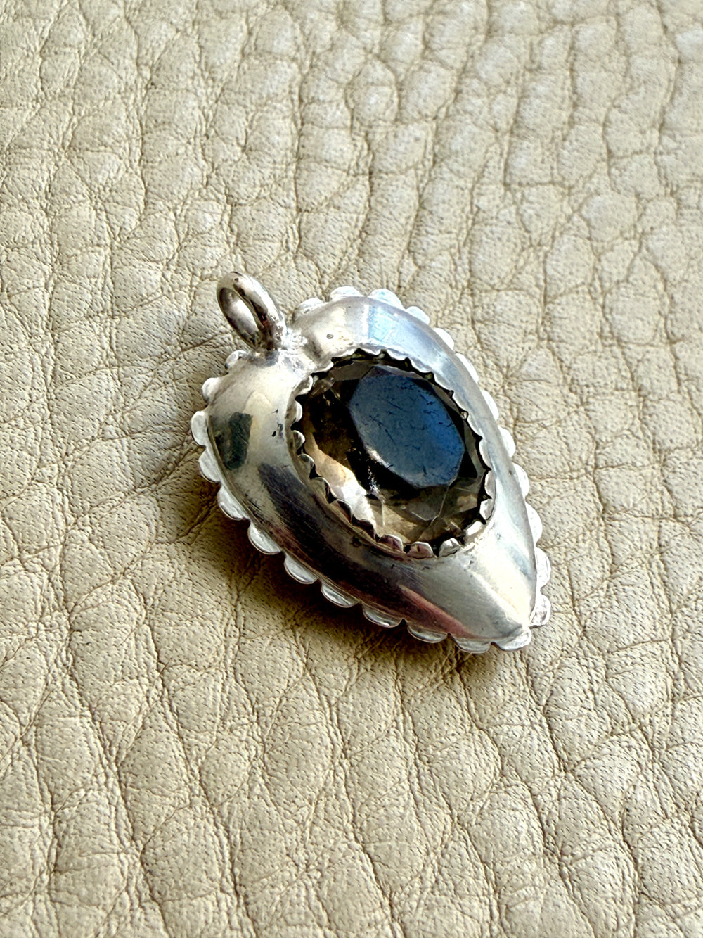 Antique Signed Swedish Silver Puffy Heart Pendant with Clear Stone