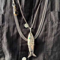 Midcentury era Silver Articulated Fish Pendant Necklace - 27.8 inch length