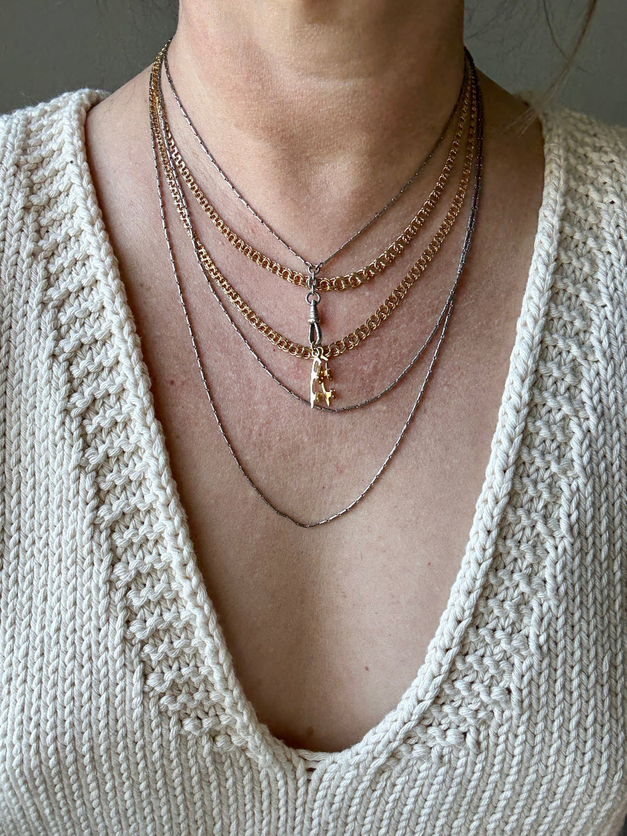 Early 1900s Antique PLATINUM Link Longuard Chain Necklace with Dog Clip - 31-62 inch length