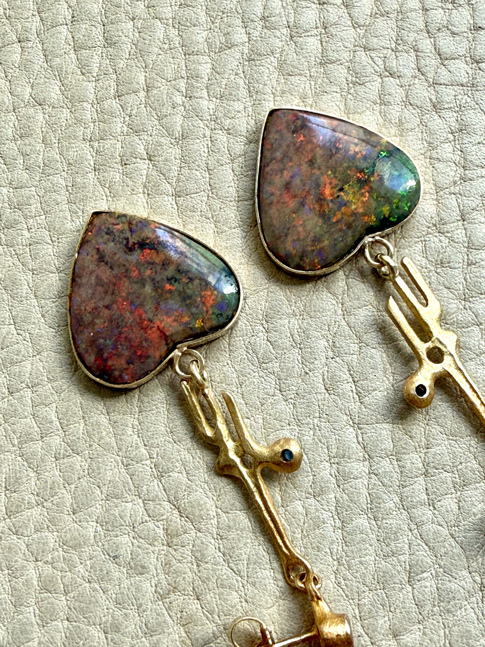 WOW! Vintage Austrian 14k Gold & Opal Heart Drop Brutalist Earrings - 2.2 inch drop