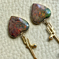 WOW! Vintage Austrian 14k Gold & Opal Heart Drop Brutalist Earrings - 2.2 inch drop